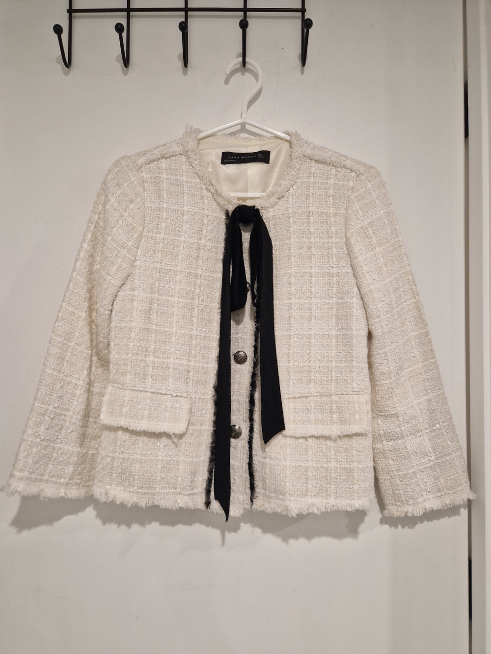Zara Cream Tweed Blazer with Black Ribbon